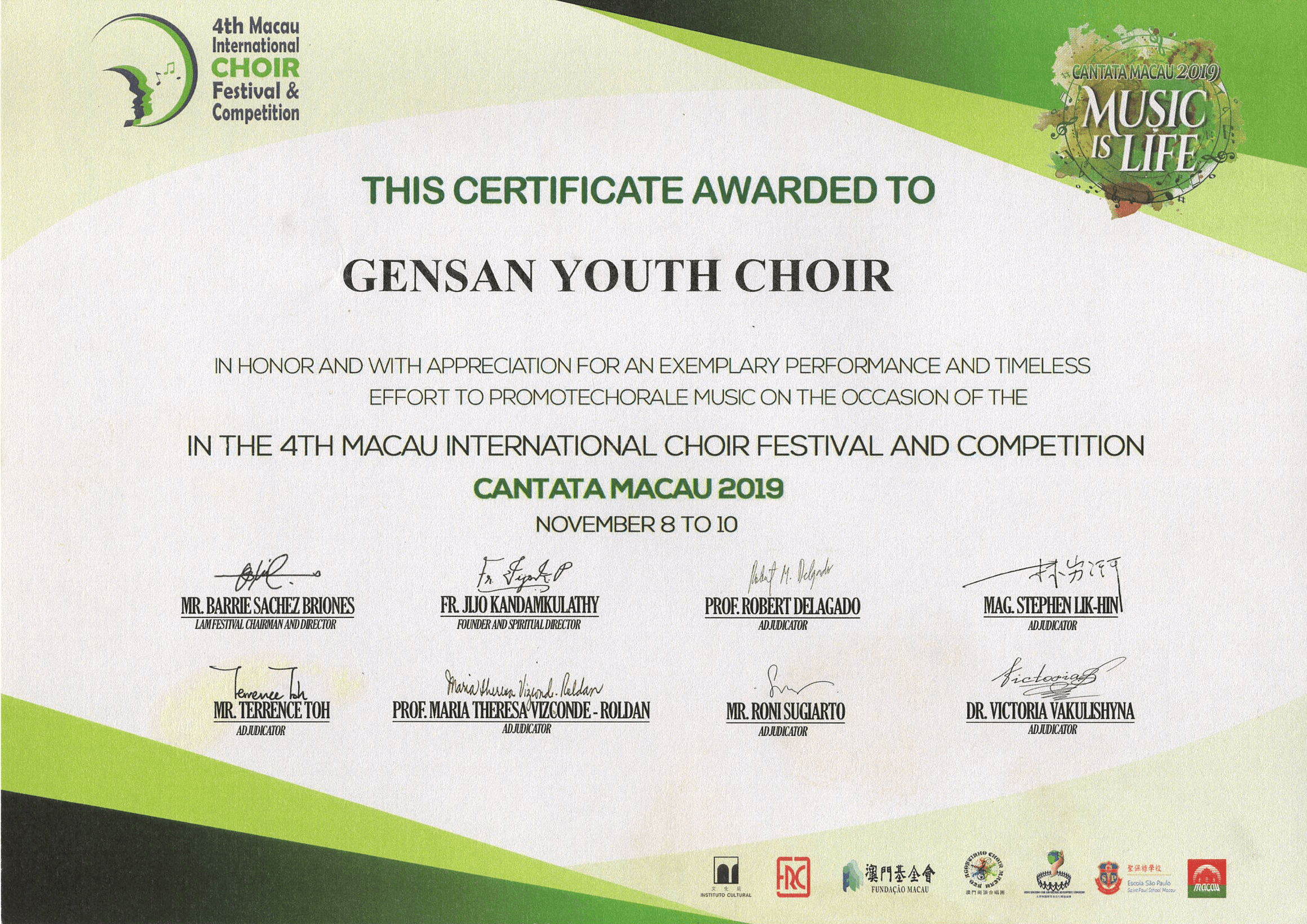 GYOCC Award Certificate