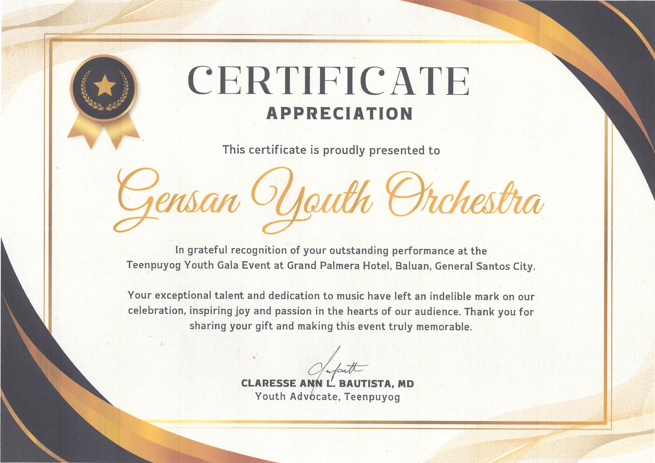 GYOCC Award Certificate